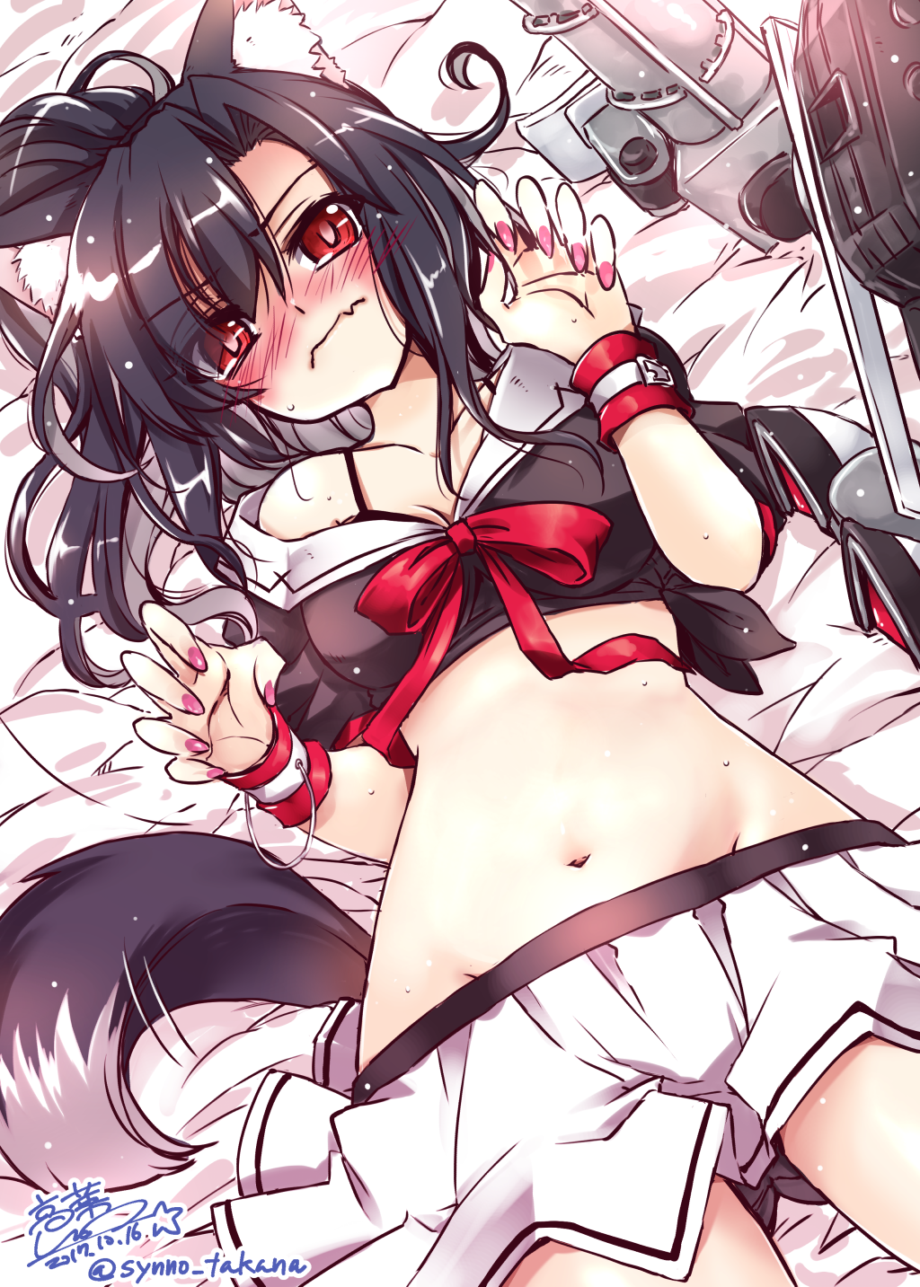 1girl animal_ears azur_lane bed_sheet black_hair blush collarbone commentary_request dated embarrassed highres long_hair looking_at_viewer lying machinery nail_polish navel paw_pose pleated_skirt ponytail red_eyes school_uniform serafuku shigure_(azur_lane) signature skirt solo sweat tail takana_shinno twitter_username wolf_ears wolf_tail