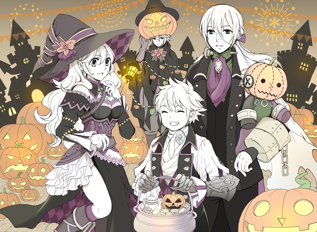 1girl 3boys alicest0113 cup deere_(fire_emblem_if) european_clothes female_my_unit_(fire_emblem_if) fingerless_gloves fire_emblem fire_emblem_if gloves hat jack-o'-lantern joker_(fire_emblem_if) kanna_(fire_emblem_if) long_hair looking_at_viewer multiple_boys multiple_girls my_unit_(fire_emblem_if) ponytail smile teacup teapot white_hair witch_hat