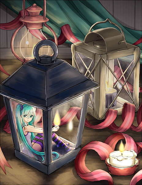 1girl 23-0 aqua_eyes aqua_hair bangs bare_arms bare_shoulders candle encasement eyebrows_visible_through_hair fire flame from_side full_body hair_ornament hatsune_miku indoors knees_up lantern long_hair looking_at_viewer looking_to_the_side minigirl purple_legwear ribbon sleeveless solo striped striped_legwear table twintails very_long_hair vocaloid