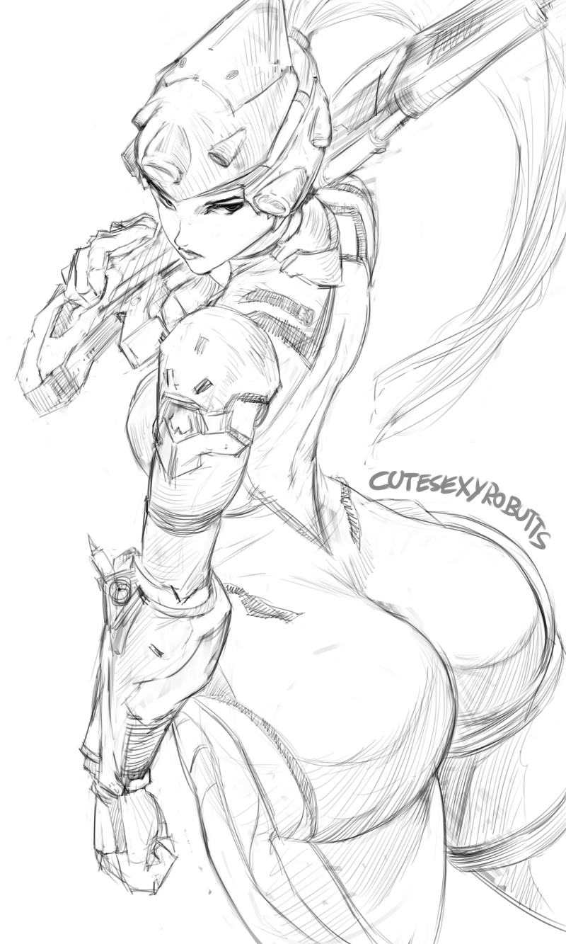 1girl ass breasts butt_crack cutesexyrobutts gun highres huge_ass long_hair looking_back open_back overwatch ponytail rifle signature simple_background sketch sniper_rifle solo thick_thighs thighs visor weapon white_background widowmaker_(overwatch)