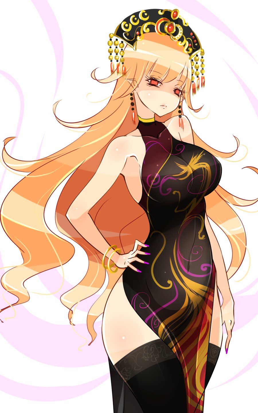 1girl alternate_costume alternate_headwear arm_at_side bare_shoulders black_legwear blonde_hair breasts china_dress chinese_clothes collarbone dress earrings energy expressionless fox_tail hand_on_hip head_tilt highres hips impossible_clothes impossible_dress jewelry junko_(touhou) large_breasts long_hair looking_at_viewer looking_to_the_side multiple_tails nail_polish navel orange_eyes parted_lips pelvic_curtain pink_lips pointy_ears purple_nails raptor7 shiny shiny_hair shiny_skin simple_background solo stomach tail tassel thigh-highs thighs touhou very_long_hair white_background