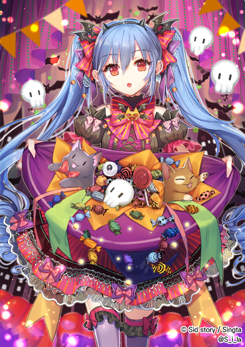 1girl bat bat_wings blue_hair candy cat food hair_ornament hair_ribbon halloween halloween_costume hat interitio kitten lolita_fashion looking_at_viewer open_mouth pumpkin red_eyes red_hat red_ribbon ribbon sid_story silk skull solo spider spider_web striped striped_ribbon thigh-highs twintails wings witch_hat
