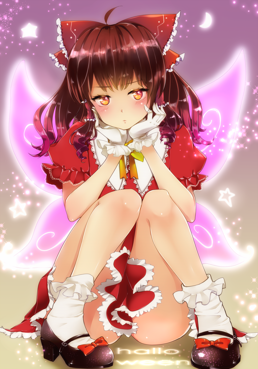 1girl ahoge bangs bare_arms bare_legs black_footwear blush bobby_socks bow brown_hair chin_rest closed_mouth crescent dress fairy_wings frilled_dress frills full_body gloves gradient gradient_background hair_bow hair_tubes hakurei_reimu halloween highres knees_together_feet_apart long_hair mary_janes orange_eyes puffy_short_sleeves puffy_sleeves red_bow red_dress shiny shiny_hair shoe_bow shoes short_sleeves sitting socks solo star teitowawa touhou white_gloves white_legwear wings