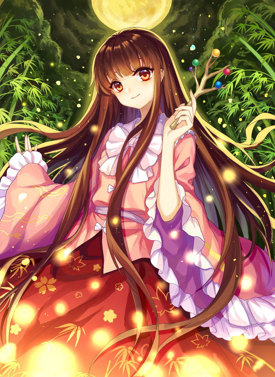 1girl bamboo bamboo_forest bangs bare_arms branch brown_hair clouds forest full_moon highres holding houraisan_kaguya japanese_clothes jeweled_branch_of_hourai kimono light_particles long_hair long_sleeves mirror_(xilu4) moon nature night outdoors pink_kimono red_eyes red_skirt skirt solo touhou very_long_hair wide_sleeves