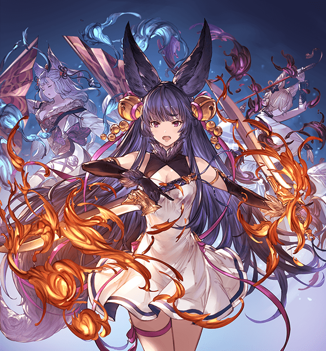 1boy 2girls animal_ears artist_request bell black_hair breasts cleavage closed_eyes detached_sleeves dress dual_wielding erun_(granblue_fantasy) fan fang fire granblue_fantasy hair_bell hair_ornament kou_(granblue_fantasy) long_hair looking_at_viewer medium_breasts multiple_girls open_mouth silver_hair simple_background socie_(granblue_fantasy) spoilers sword violet_eyes weapon yuel_(granblue_fantasy)