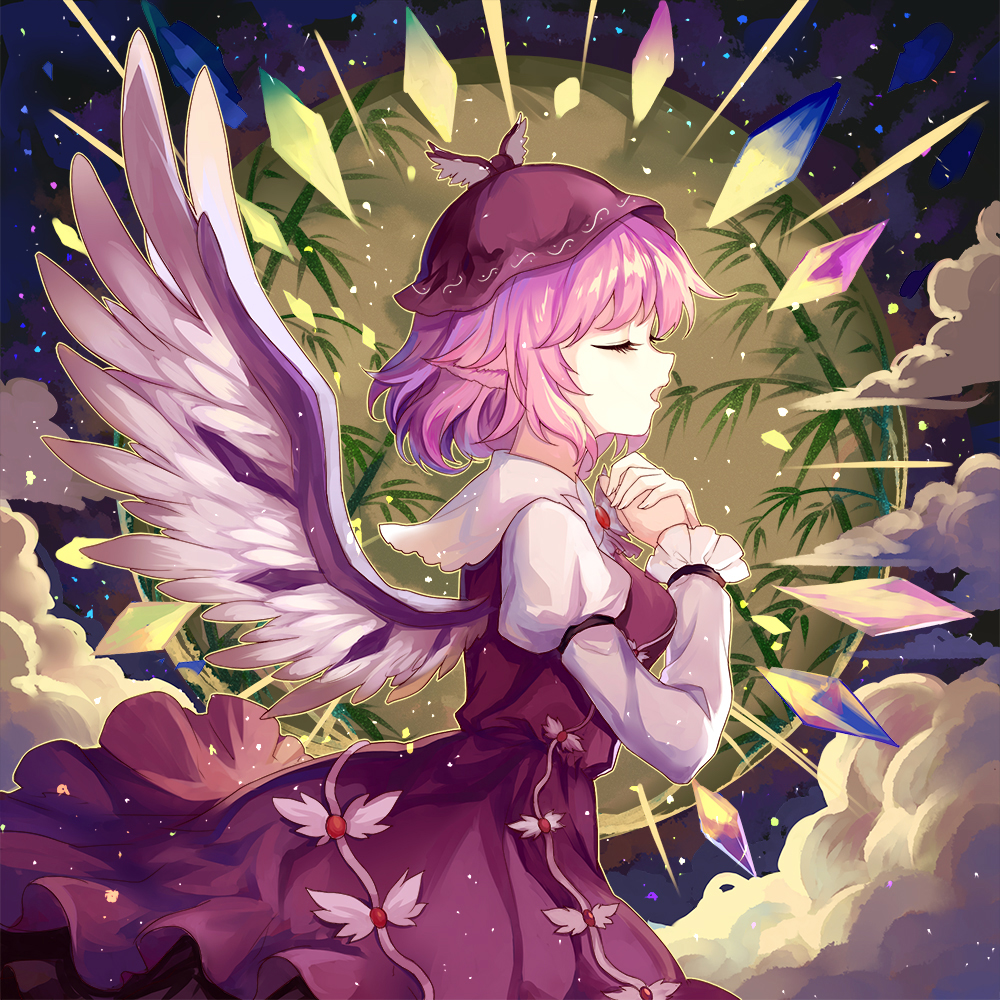 1girl animal_ears bamboo bird_wings closed_eyes clouds danmaku dress feathered_wings full_moon hat juliet_sleeves long_sleeves mirror_(xilu4) moon music mystia_lorelei open_mouth own_hands_together petticoat pink_dress pink_hair pink_hat profile puffy_sleeves singing touhou wings