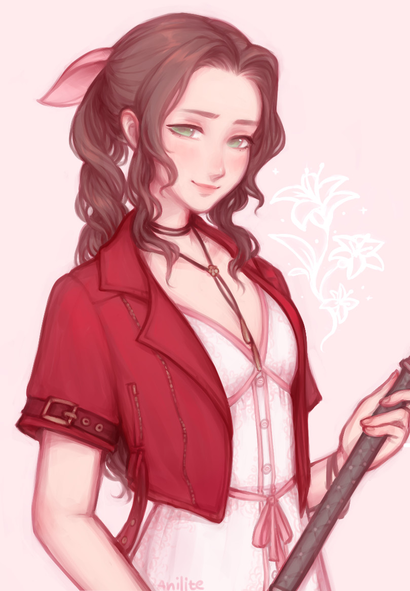 1girl aerith_gainsborough anilite bangs blush bracelet braid braided_ponytail breasts brown_hair choker cropped_jacket dress final_fantasy final_fantasy_vii final_fantasy_vii_remake flower_choker green_eyes hair_ribbon holding holding_staff jacket jewelry long_hair looking_at_viewer medium_breasts parted_bangs pink_background pink_dress pink_ribbon portrait red_jacket ribbon short_sleeves sidelocks smile solo staff upper_body wavy_hair