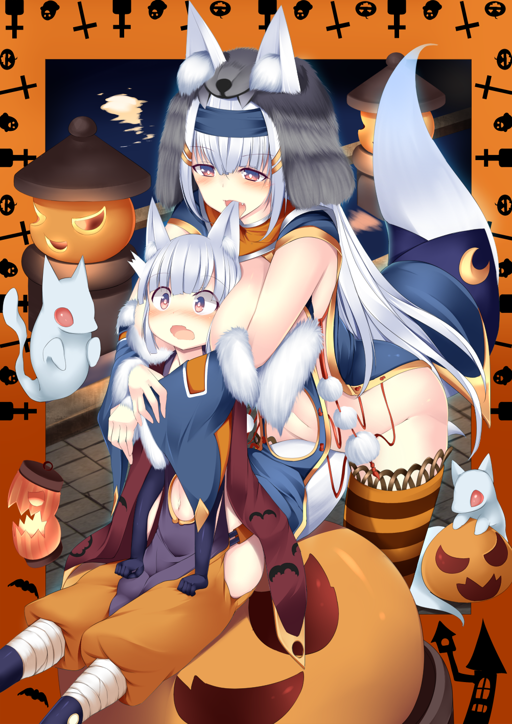 1boy 1girl animal_ears bangs biting blunt_bangs blush breasts brown_eyes detached_sleeves ear_biting elbow_gloves eyebrows_visible_through_hair fox fox_ears fox_tail gloves hair_between_eyes hair_ornament hairband hairclip halloween highres hug jack-o'-lantern japanese_clothes large_breasts long_hair looking_at_another navel night no_panties open_mouth original outdoors silver_hair sitting sukage surprised tail thigh-highs