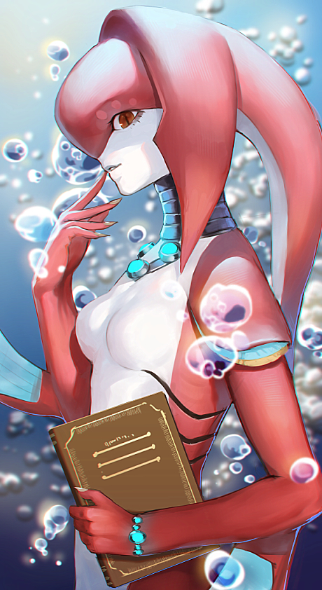 1girl animal_ears book bracelet bubble detached_collar from_side gills holding holding_book jewelry kinketsu long_hair looking_at_viewer mipha monster_girl nail_polish parted_lips profile red_eyes slit_pupils smile solo submerged tentacle_hair the_legend_of_zelda the_legend_of_zelda:_breath_of_the_wild underwater water white_nails zora