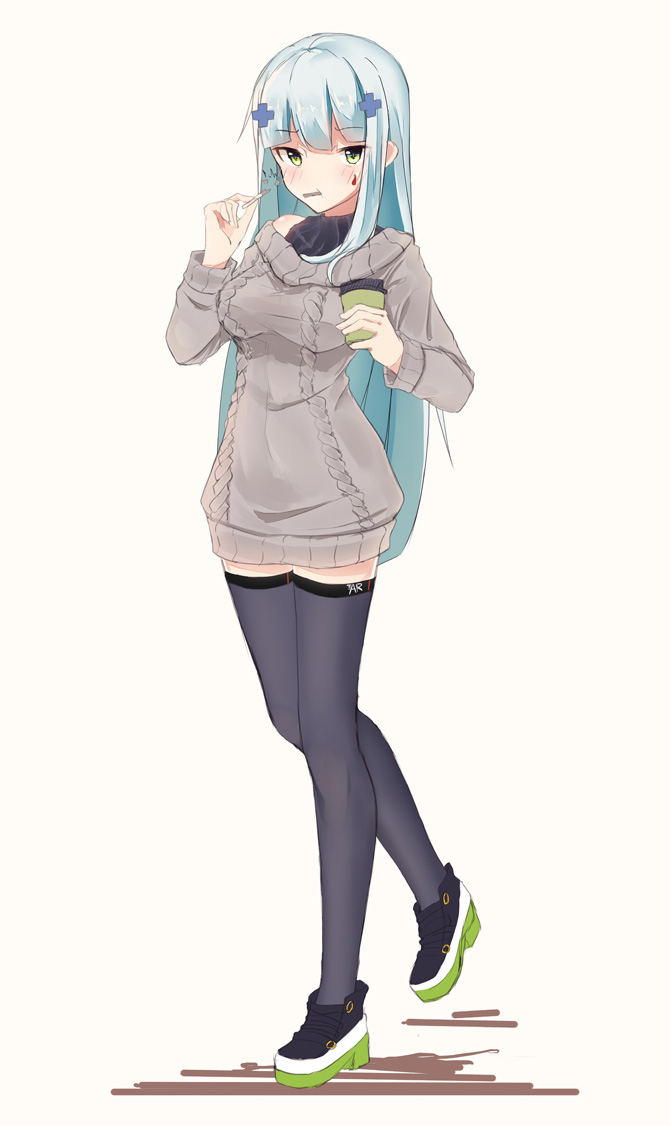 1girl alternate_costume bangs bare_shoulders black_footwear black_legwear blue_hair blunt_bangs blush breasts casual cup dress eating facial_mark food full_body girls_frontline green_eyes grey_sweater hair_ornament hk416_(girls_frontline) holding holding_cup holding_food inniyik long_hair long_sleeves looking_at_viewer medium_breasts off_shoulder paper_cup shoes simple_background solo sweater sweater_dress thigh-highs very_long_hair walking yellow_background zettai_ryouiki