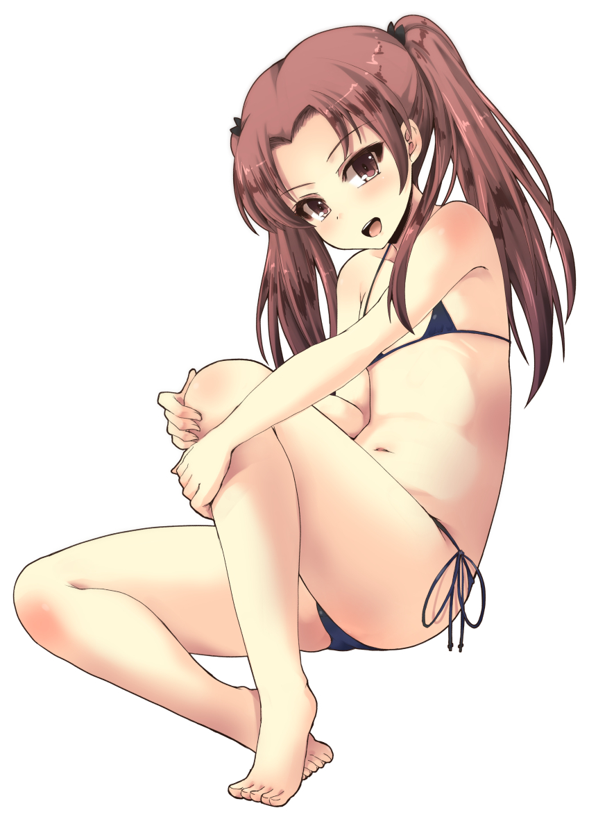 1girl bangs barefoot bikini black_bikini black_ribbon brown_eyes brown_hair flat_chest full_body girls_und_panzer hair_ribbon highres invisible_chair kadotani_anzu leg_hug long_hair looking_at_viewer micro_bikini navel open_mouth parted_bangs ribbon shinshin side-tie_bikini simple_background sitting smile solo swimsuit twintails twintails_day white_background