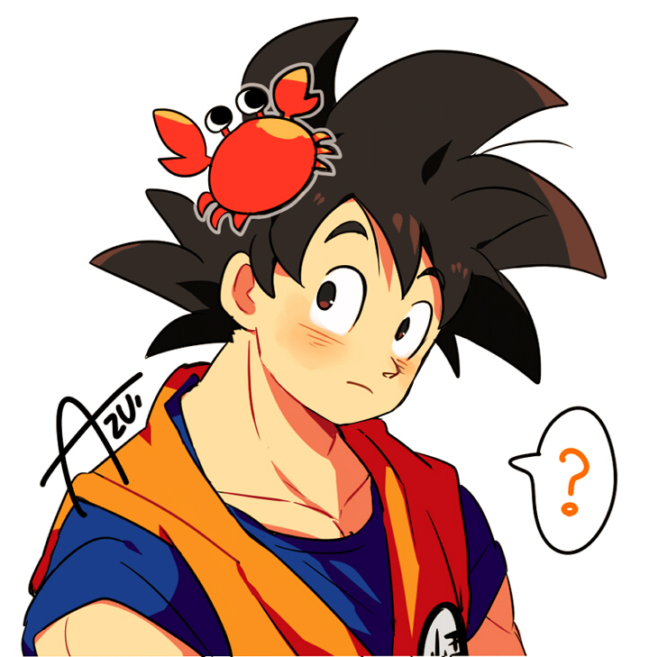 1boy ? animal artist_name azu_(kirara310) black_eyes black_hair crab crab_on_head dougi dragon_ball dragonball_z expressionless eyebrows_visible_through_hair looking_up male_focus short_hair simple_background son_gokuu speech_bubble spiky_hair white_background