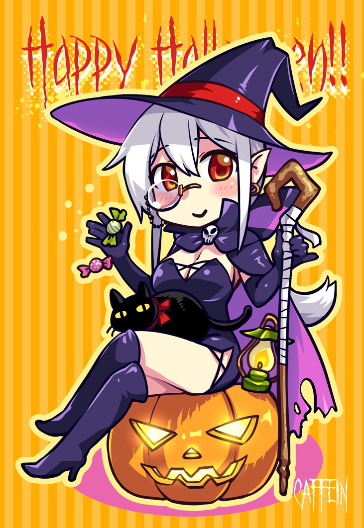 1girl ahoge animal black_cat breasts caffein cat chibi cleavage halloween hat headphones jack-o'-lantern monocle pointy_ears ponytail red_eyes silver_hair sitting solo staff vocaloid voyakiloid witch witch_hat yowane_haku