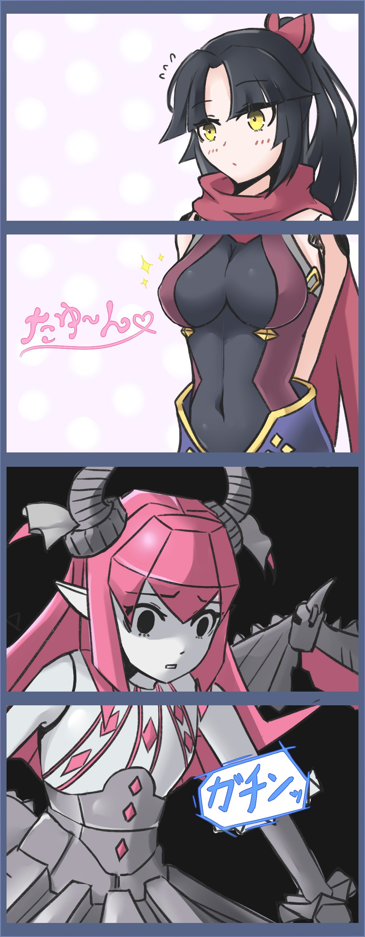 2girls 4koma absurdres black_hair breast_envy comic covered_navel dragon_horns empty_eyes fate/grand_order fate_(series) highres horns jibako katou_danzou_(fate/grand_order) mecha_eli-chan_(fate/grand_order) multiple_girls pink_hair ponytail robot scarf trait_connection wings yellow_eyes