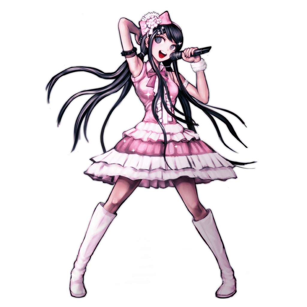 1girl arm_cuffs arm_up black_hair boots bow dangan_ronpa dangan_ronpa_1 dress floating_hair full_body hair_bow hair_ornament holding holding_microphone idol knee_boots komatsuzaki_rui layered_dress long_hair maizono_sayaka microphone neck_ribbon official_art pink_bow pink_dress pink_ribbon ribbon short_dress simple_background solo sparkle very_long_hair white_background white_footwear