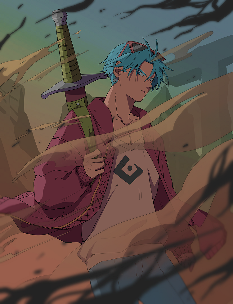 1boy bare_chest blue_eyes blue_hair clenched_hand cosplay crossover dragon_ball dragon_ball_super dragonball_z earrings expressionless hatsune_miku hatsune_miku_(cosplay) jacket jewelry looking_away male_focus pants sand shirt short_hair suna_no_wakusei_(vocaloid) sunglasses sword trunks_(dragon_ball) vocaloid weapon white_shirt