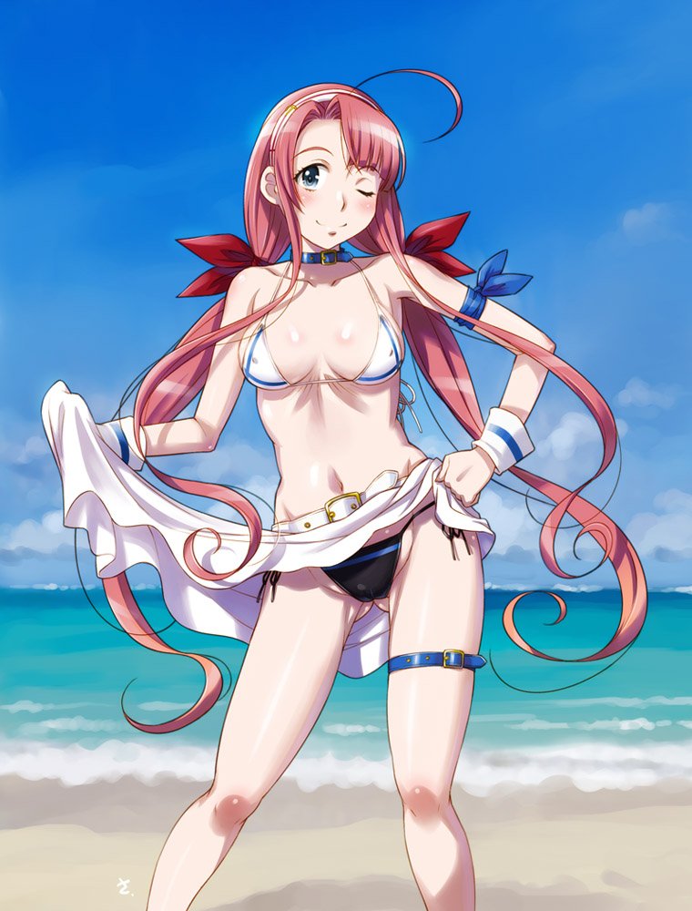 1girl ;) ahoge arm_ribbon beach belt bikini blue_eyes blue_ribbon blush breasts breasts_apart choker closed_mouth clouds collarbone contrapposto day erect_nipples gluteal_fold groin hair_ribbon hairband hand_on_hip kantai_collection kawakaze_(kantai_collection) long_hair looking_at_viewer low_twintails medium_breasts mismatched_bikini navel one_eye_closed outdoors pink_hair red_ribbon ribbon same sarong side-tie_bikini sidelocks sky smile solo standing swimsuit thigh_strap twintails very_long_hair water wrist_cuffs
