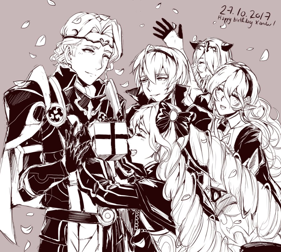 armor camilla_(fire_emblem_if) cape closed_eyes elise_(fire_emblem_if) family female_my_unit_(fire_emblem_if) fire_emblem fire_emblem_if gloves hairband leon_(fire_emblem_if) long_hair marks_(fire_emblem_if) monochrome my_unit_(fire_emblem_if) short_hair twintails wanini
