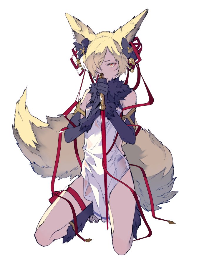 1boy animal_ears backless_outfit barefoot crossdressinging dress elbow_gloves erun_(granblue_fantasy) fox_ears gloves granblue_fantasy hair_ornament hair_ribbon kneeling kou_(granblue_fantasy) long_hair male_focus off_shoulder ribbon sword tail weapon yellow_eyes