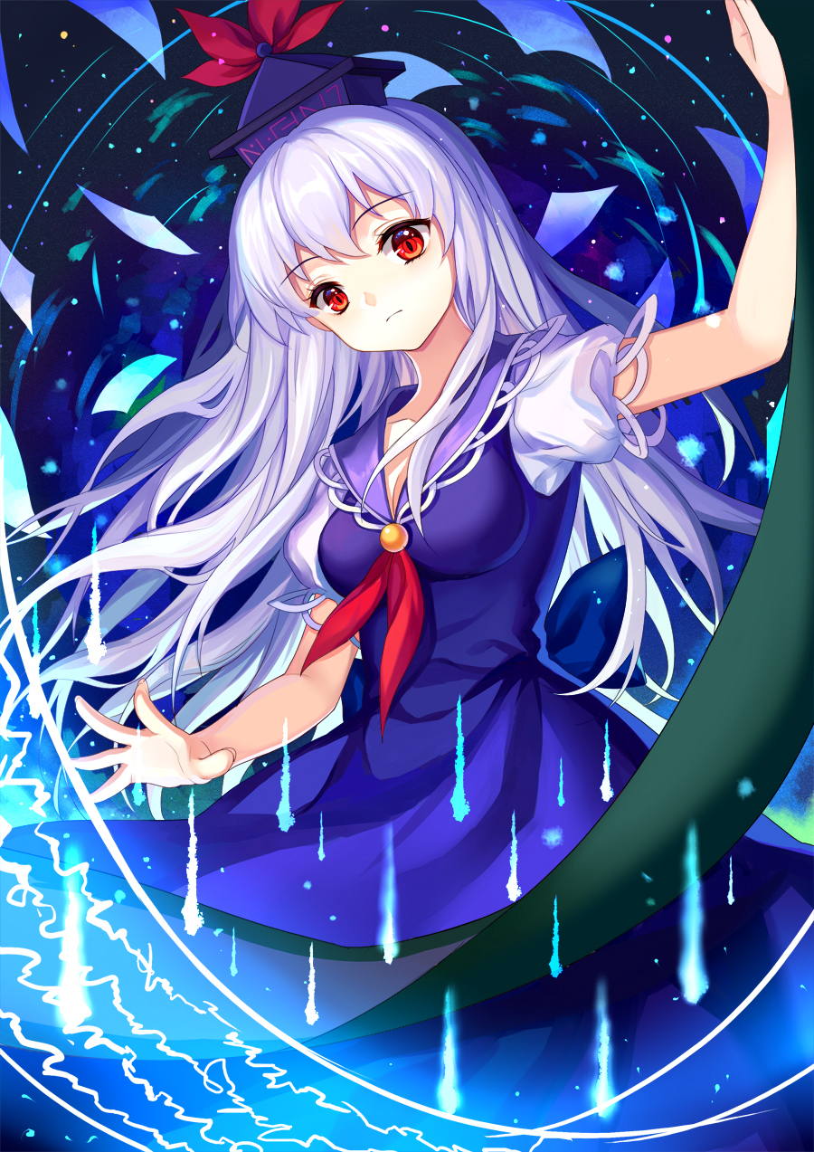1girl bare_arms blue_dress blue_hair blue_hat breasts closed_mouth dress hat highres kamishirasawa_keine long_hair looking_at_viewer medium_breasts mirror_(xilu4) neckerchief puffy_short_sleeves puffy_sleeves red_eyes red_neckwear scroll short_sleeves solo touhou wavy_hair