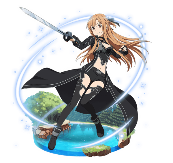 1girl adapted_costume asuna_(sao) belt black_cape black_footwear black_gloves black_legwear black_ribbon black_shorts breasts brown_eyes brown_hair cape cleavage cosplay crop_top fingerless_gloves floating_hair full_body gloves hair_ribbon holding holding_sword holding_weapon kirito kirito_(cosplay) long_hair looking_at_viewer medium_breasts midriff navel one_side_up ribbon short_shorts shorts solo stomach sword sword_art_online thigh-highs transparent_background very_long_hair weapon