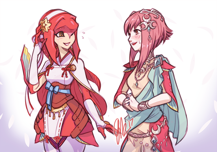 2girls blush cape cosplay costume_switch crossover fins fire_emblem fire_emblem_if fish_girl gloves hair_ornament hairband japanese_clothes jewelry long_hair mipha mipha_(cosplay) monster_girl multicolored multicolored_skin multiple_girls no_eyebrows pink_hair red_eyes red_skin redhead sakura_(fire_emblem_if) sakura_(fire_emblem_if)_(cosplay) short_hair smile super_smash_bros. the_legend_of_zelda the_legend_of_zelda:_breath_of_the_wild yellow_eyes zora