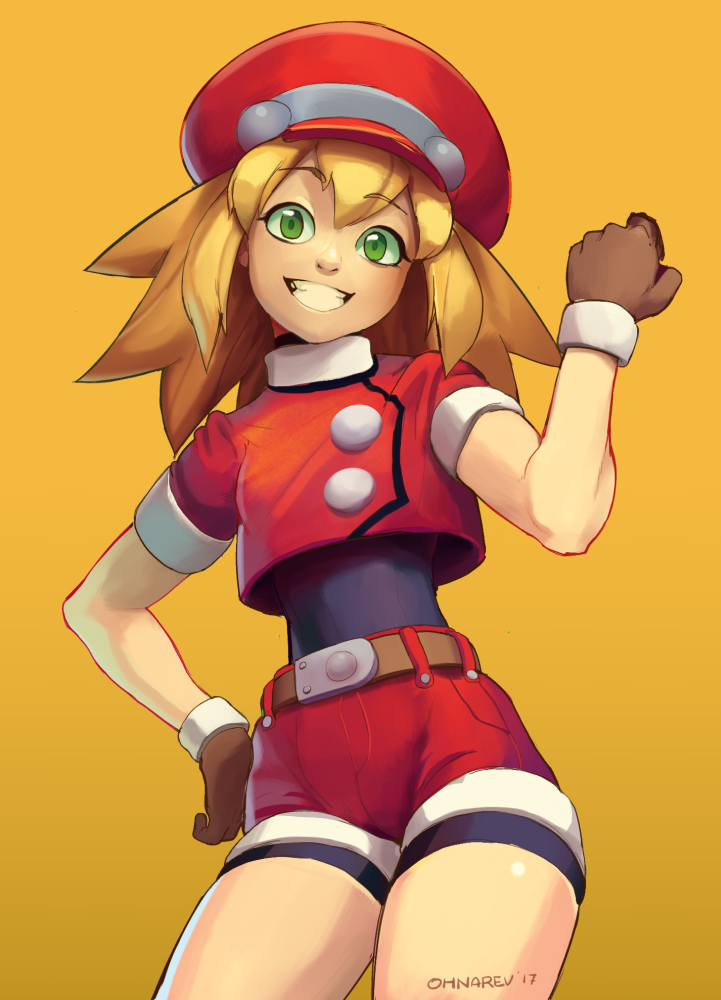 1girl belt blonde_hair brown_gloves cabbie_hat eyebrows_visible_through_hair flat_chest gloves green_eyes grin hand_on_hip hat long_hair ohnarev red_shorts rockman rockman_dash roll_caskett shorts sleeves_rolled_up smile solo unitard upper_body yellow_background