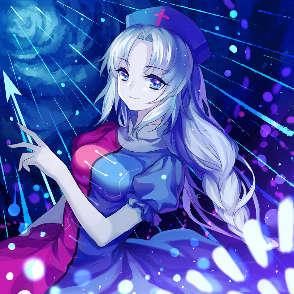1girl arrow bangs blue_eyes braid breasts dress hat long_hair looking_at_viewer medium_breasts mirror_(xilu4) multicolored multicolored_clothes multicolored_dress nurse_cap parted_bangs puffy_short_sleeves puffy_sleeves short_sleeves silver_hair single_braid smile solo touhou very_long_hair yagokoro_eirin