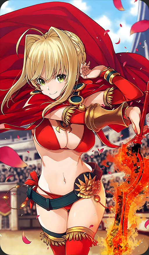 1girl aestus_estus ahoge belt bikini blonde_hair breasts cape cleavage colosseum craft_essence detached_sleeves fate/grand_order fate_(series) green_eyes hair_bun large_breasts official_art red_bikini red_legwear saber_extra solo swimsuit sword thigh-highs weapon