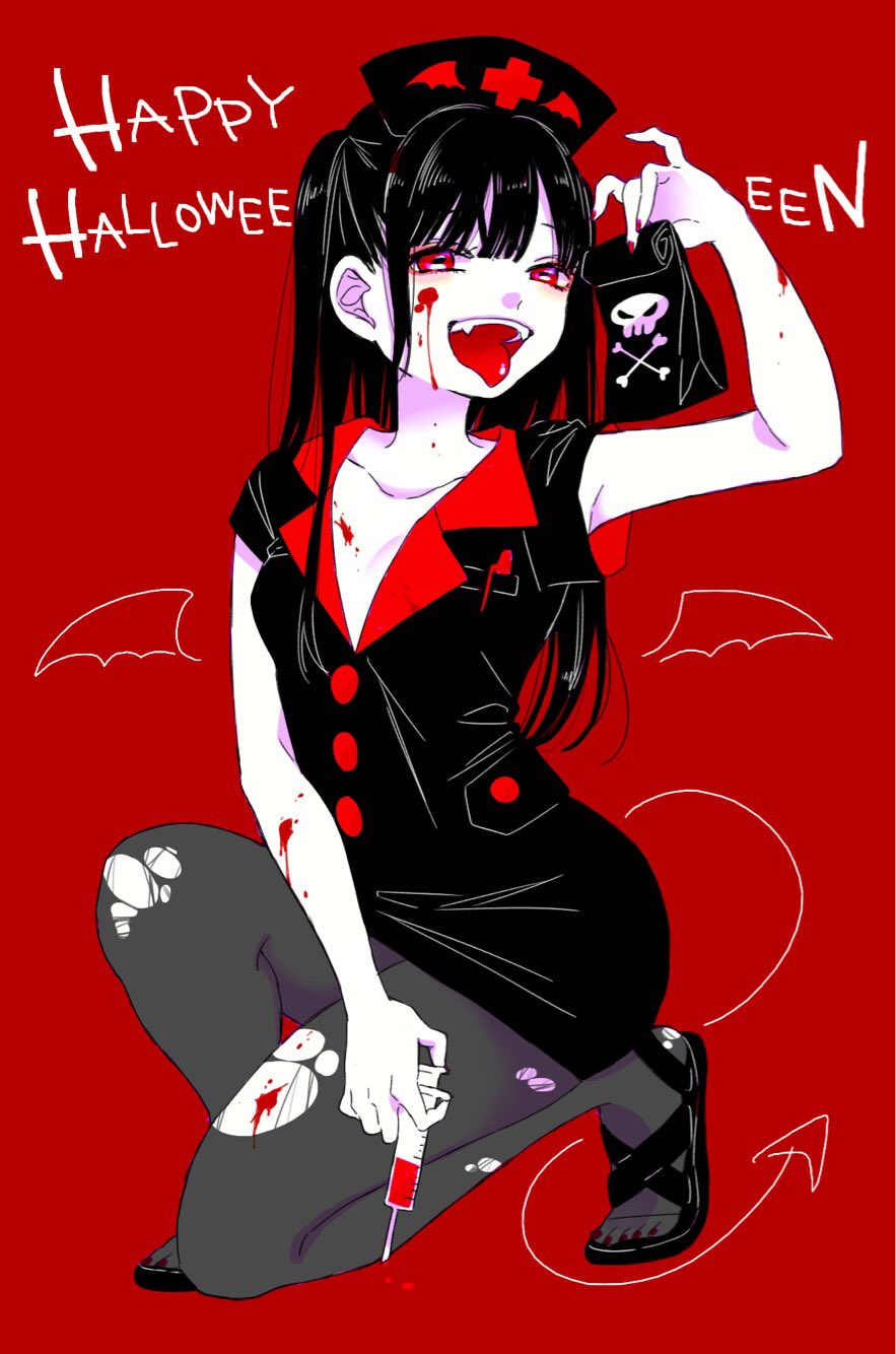 1girl bangs black_hair breasts character_request cleavage commentary_request english fangs gal_to_otaku_wa_wakari_aenai. halloween highres kawai_rou long_hair looking_at_viewer nurse one_knee open_mouth pantyhose red_background red_eyes solo text tongue tongue_out torn_clothes torn_pantyhose