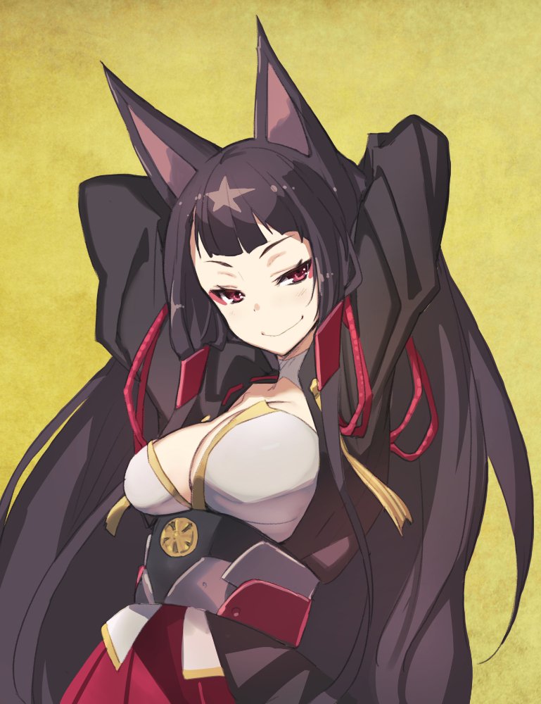 1girl akagi_(azur_lane) animal_ears arms_behind_head azur_lane breasts brown_hair choker cleavage collarbone eyeshadow fox_ears japanese_clothes large_breasts long_hair makeup obi pleated_skirt red_eyes rope sash sidelocks skirt smile smug solo tassel tsurime upper_body ushiki_yoshitaka very_long_hair yellow_background