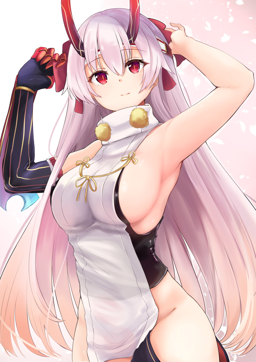 1girl arm_up armpits arms_up asymmetrical_gloves backless_outfit bare_shoulders black_gloves blonde_hair blush breasts closed_mouth cowboy_shot elbow_gloves fate/grand_order fate_(series) gloves gradient gradient_background gradient_hair groin hair_between_eyes headband highres hips horns large_breasts long_hair looking_at_viewer multicolored_hair neneru oni_horns pelvic_curtain pink_background red_eyes revision side_slit sideboob silver_hair single_elbow_glove single_glove sleeveless sleeveless_turtleneck slit_pupils smile solo standing straight_hair tabard tomoe_gozen_(fate/grand_order) turtleneck very_long_hair