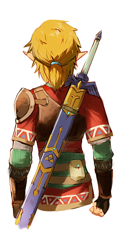 1boy black_gloves blonde_hair cropped_torso facing_away fingerless_gloves from_behind gloves hair_tie kinketsu link male_focus master_sword pointy_ears ponytail pout scabbard sheath short_over_long_sleeves shoulder_pads simple_background solo standing the_legend_of_zelda the_legend_of_zelda:_breath_of_the_wild traditional_media upper_body vambraces watercolor_(medium) weapon weapon_on_back white_background
