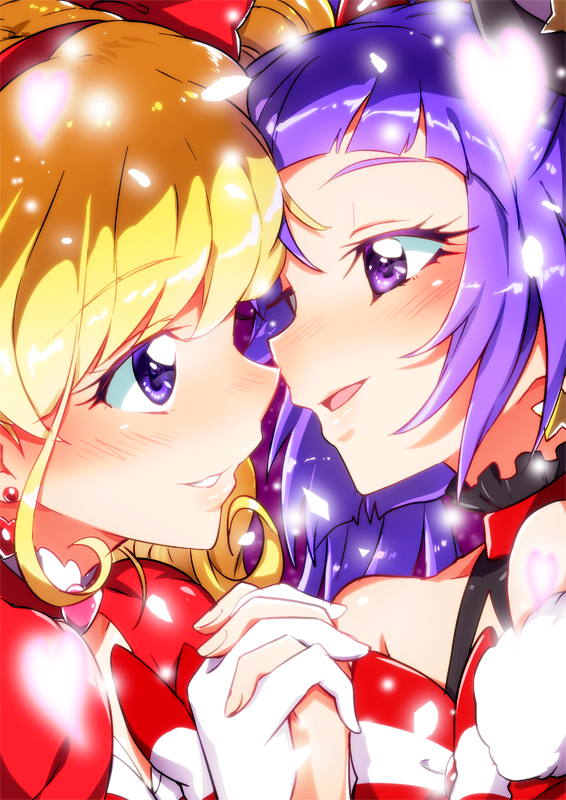 2girls asahina_mirai bangs bare_shoulders blonde_hair blunt_bangs blush cure_magical cure_miracle earrings eye_contact eyebrows_visible_through_hair face-to-face falling_petals fingernails gloves glowing_petals hair_ornament halterneck hand_holding interlocked_fingers izayoi_liko jewelry light_particles long_hair looking_at_another mahou_girls_precure! motion_blur multiple_girls parted_lips precure profile purple_hair shiny shiny_hair smile star star_earrings stud_earrings upper_body violet_eyes white_gloves yuri yuto_(dialique)