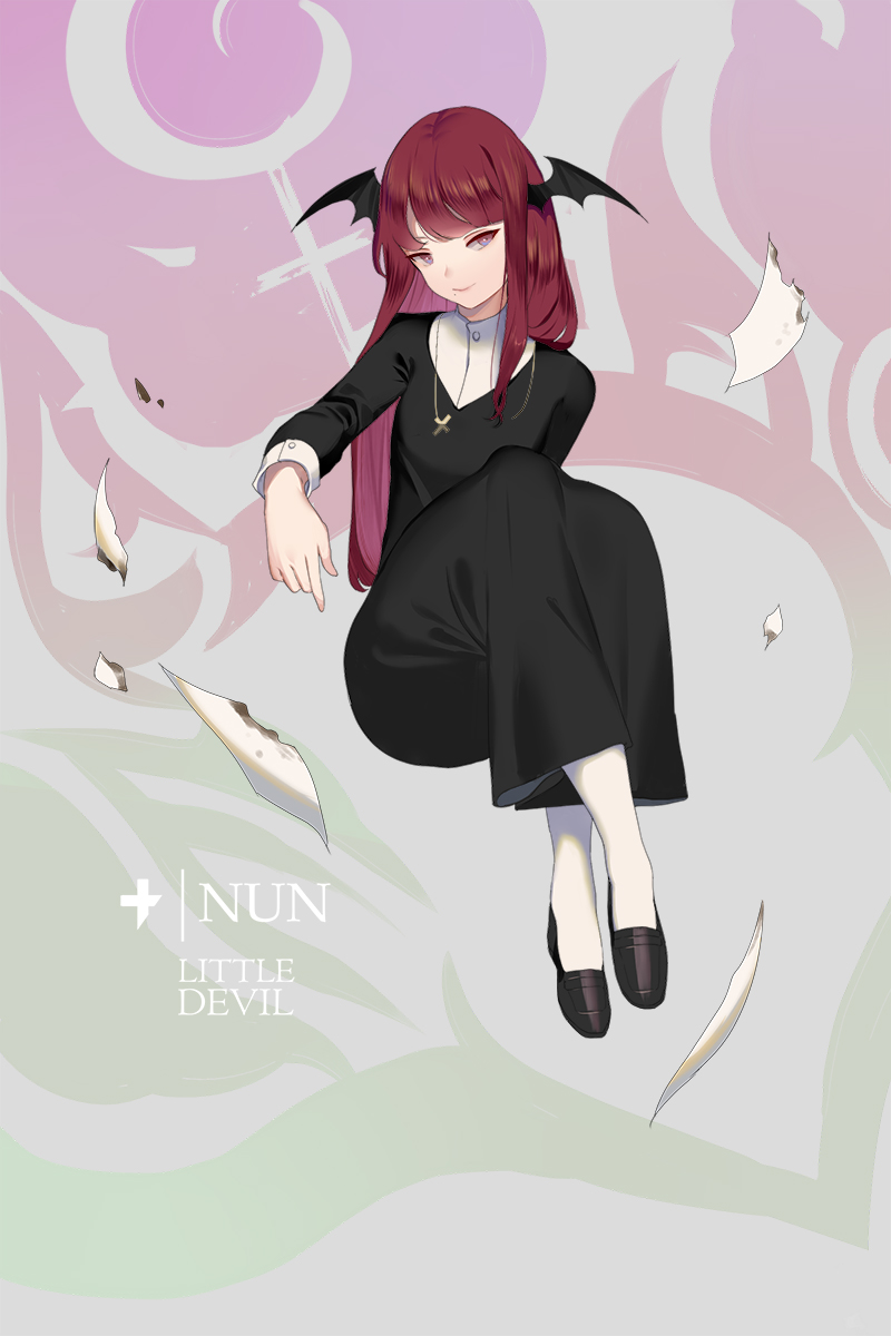 1girl alternate_costume bangs black_footwear burned_paper cross cross_necklace full_body head_wings highres hillly_(maiwetea) irony jewelry koakuma legs_crossed loafers long_hair long_sleeves looking_at_viewer necklace nun pantyhose paper red_eyes redhead robe shoes sitting smile solo touhou white_legwear