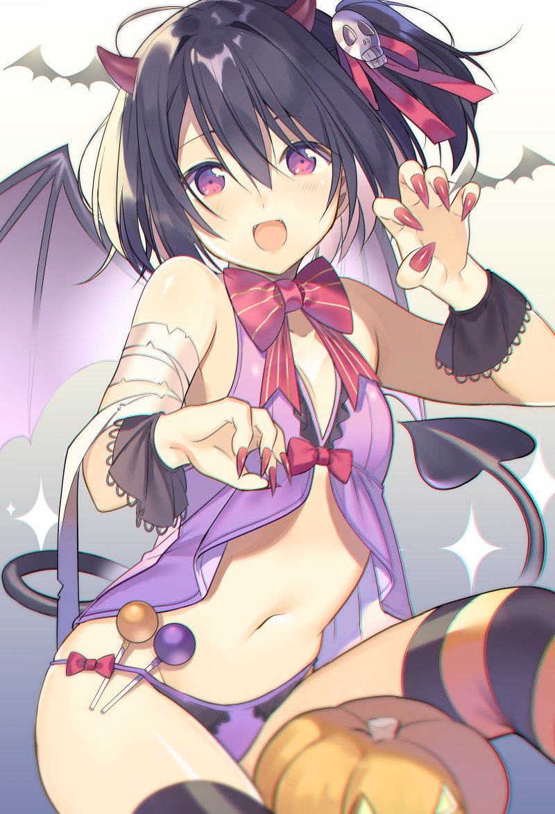 1girl bandage bare_shoulders bat_wings black_hair candy chemise claw_pose flat_chest food hair_ribbon horns jack-o'-lantern lollipop midriff nail natasha_(pommier) open_mouth original pumpkin red_eyes ribbon short_hair short_twintails striped striped_legwear thigh-highs twintails wings