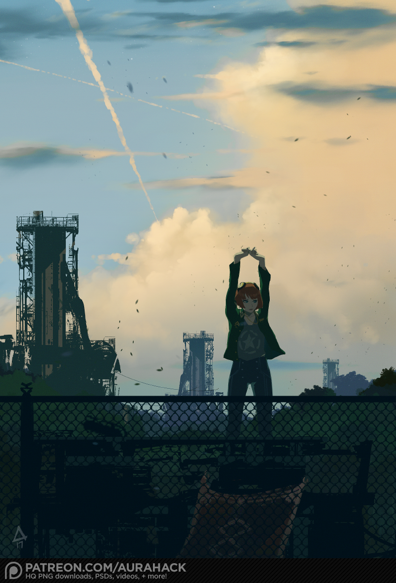 1girl arms_up clouds erica_june_lahaie fence goggles goggles_on_head industrial jacket motion_blur orange_hair original pants signature sky solo star stretch watermark web_address