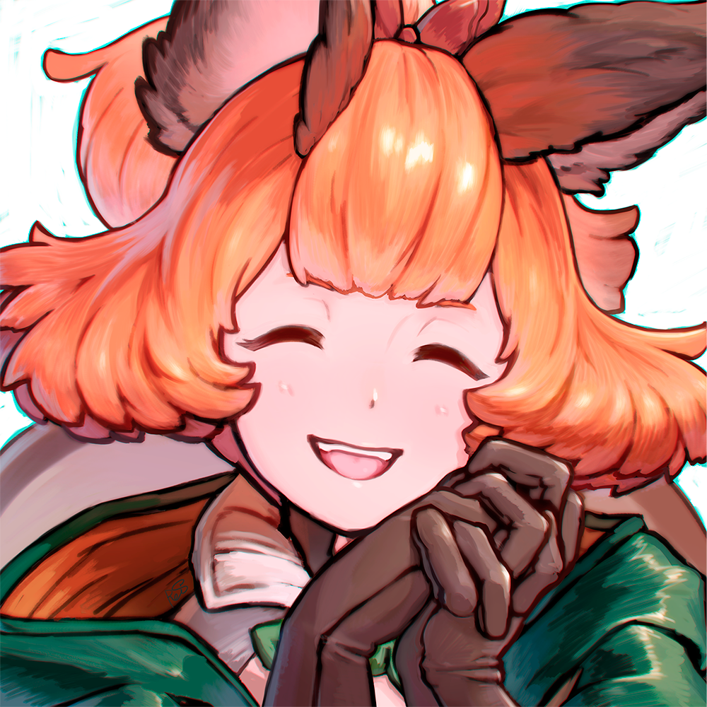 1girl :d animal_ears bangs blunt_bangs character_request closed_eyes coat copyright_request face facing_viewer granblue_fantasy hands_clasped hands_together head_tilt interlocked_fingers karuteira open_mouth orange_hair reiesu_(reis) smile solo white_background