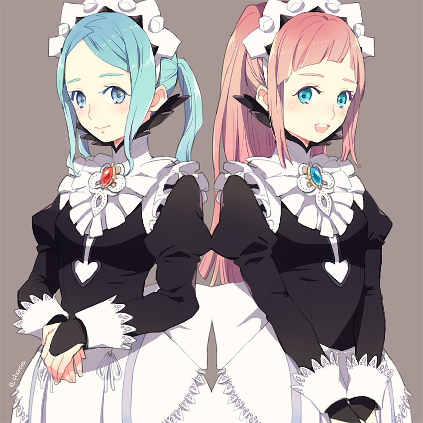 2girls apron blue_eyes blue_hair dress elbow_gloves felicia_(fire_emblem_if) fingerless_gloves fire_emblem fire_emblem_if flora_(fire_emblem_if) gloves grey_background looking_at_viewer maid maid_apron maid_cap multiple_girls pink_hair ponytail siblings simple_background skirt smile twins