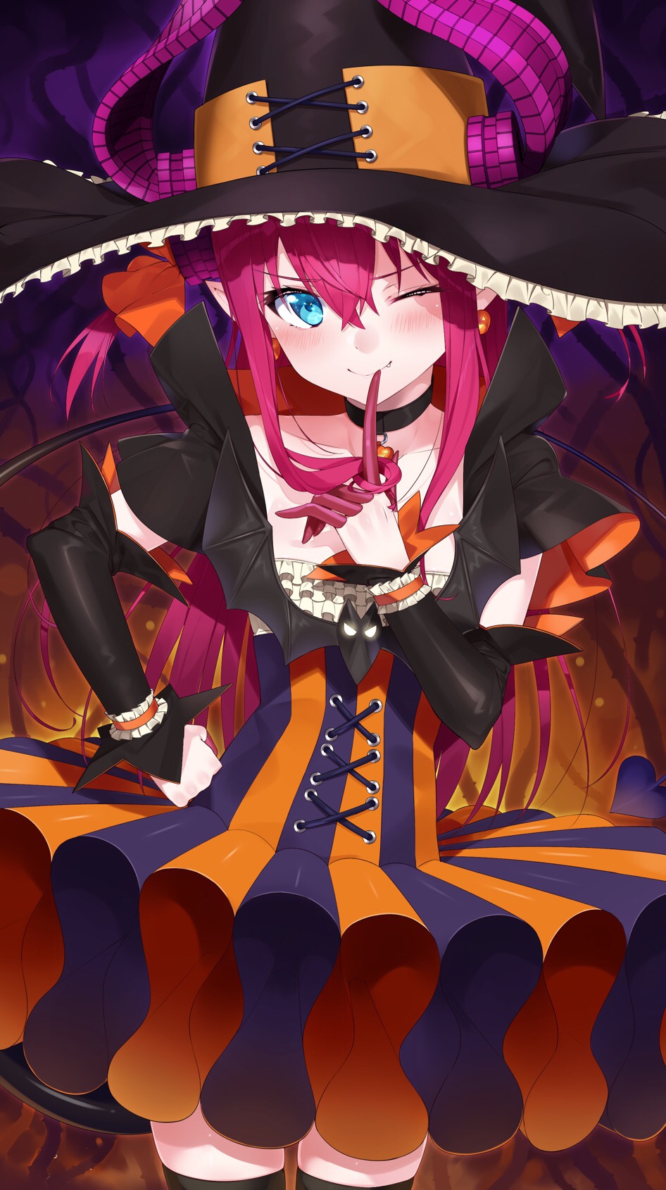 1girl bangs black_legwear blue_eyes blush capelet closed_mouth cowboy_shot demon_tail detached_sleeves elizabeth_bathory_(halloween)_(fate) fate/grand_order fate_(series) finger_to_mouth flat_chest hair_between_eyes halloween hand_on_hip hat highres horns index_finger_raised lancer_(fate/extra_ccc) long_hair looking_at_viewer nezumidoshi purple_hair shushing sidelocks skirt smile solo striped tail thigh-highs tsurime vertical-striped_skirt vertical_stripes wink witch_hat