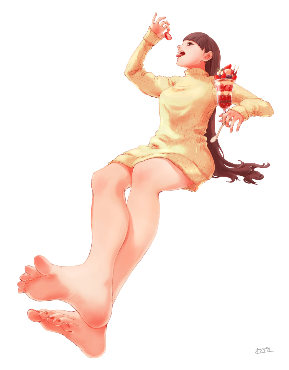 1girl bare_legs barefoot brown_eyes brown_hair eating feet food fruit highres long_hair open_mouth original otsuzaka parfait simple_background sitting soles solo spoon strawberry sweater toenail_polish toes tongue tongue_out turtleneck turtleneck_sweater white_background