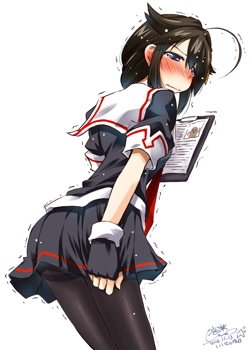 1girl ahoge alternate_legwear ass black_gloves blush bow braid commentary_request embarrassed fingerless_gloves gloves hair_bow hair_flaps hair_ribbon kantai_collection long_hair looking_at_viewer pantyhose remodel_(kantai_collection) ribbon shigure_(kantai_collection) single_braid solo takana_shinno trembling wavy_mouth