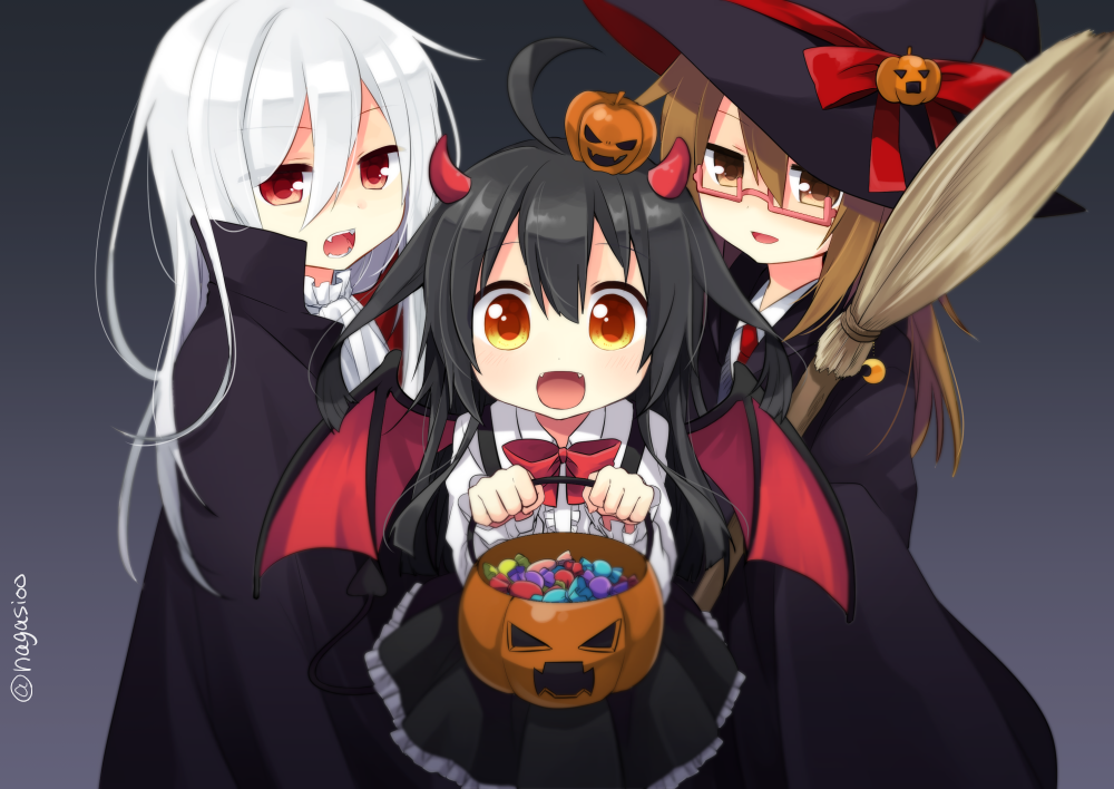 3girls black_hair broom brown_hair candy food glasses halloween halloween_basket halloween_costume hat holding jack-o'-lantern kantai_collection kikuzuki_(kantai_collection) looking_at_viewer mikazuki_(kantai_collection) mochizuki_(kantai_collection) multiple_girls nagasioo open_mouth ribbon silver_hair simple_background twitter_username vampire_costume wings witch_hat