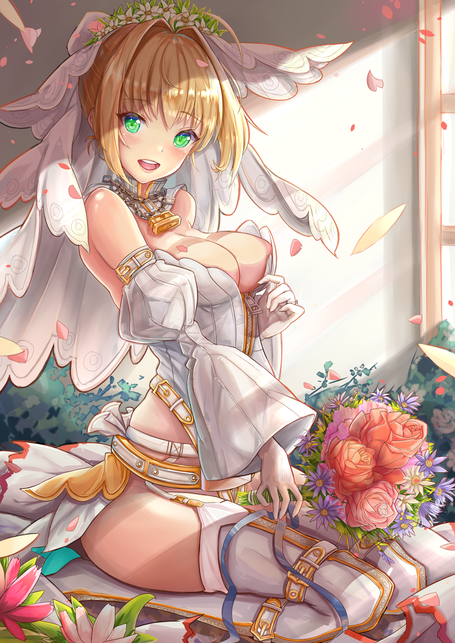 1girl ahoge belt boots bouquet breasts bridal_veil chains cleavage fate/extra fate/extra_ccc fate_(series) flower full-length_zipper garter_straps hair_intakes head_wreath highres leotard lock looking_at_viewer medium_breasts open_mouth padlock pink_lips saber_bride saber_extra seiza showgirl_skirt sitting smile solo strapless strapless_leotard thigh-highs thigh_boots veil white_flower white_legwear white_leotard zhi_yu_(siro800102) zipper zipper_pull_tab