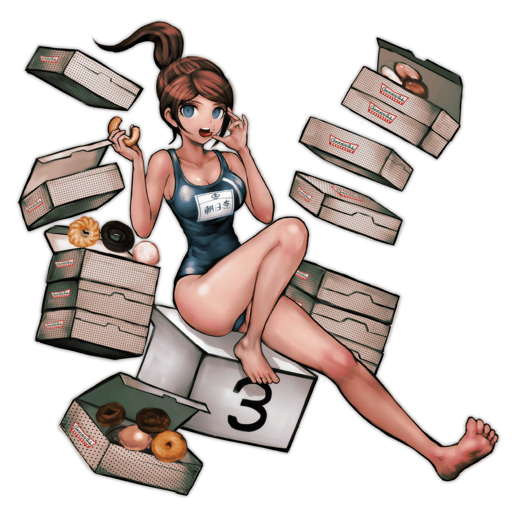 1girl asahina_aoi bare_shoulders barefoot black_swimsuit blue_eyes breasts brown_hair character_name cleavage dangan_ronpa dangan_ronpa_1 doughnut eating feet floating_hair food full_body komatsuzaki_rui long_hair looking_at_viewer medium_breasts official_art one-piece_swimsuit open_mouth ponytail school_swimsuit sideboob simple_background sitting soles solo swimsuit toes tongue tongue_out white_background