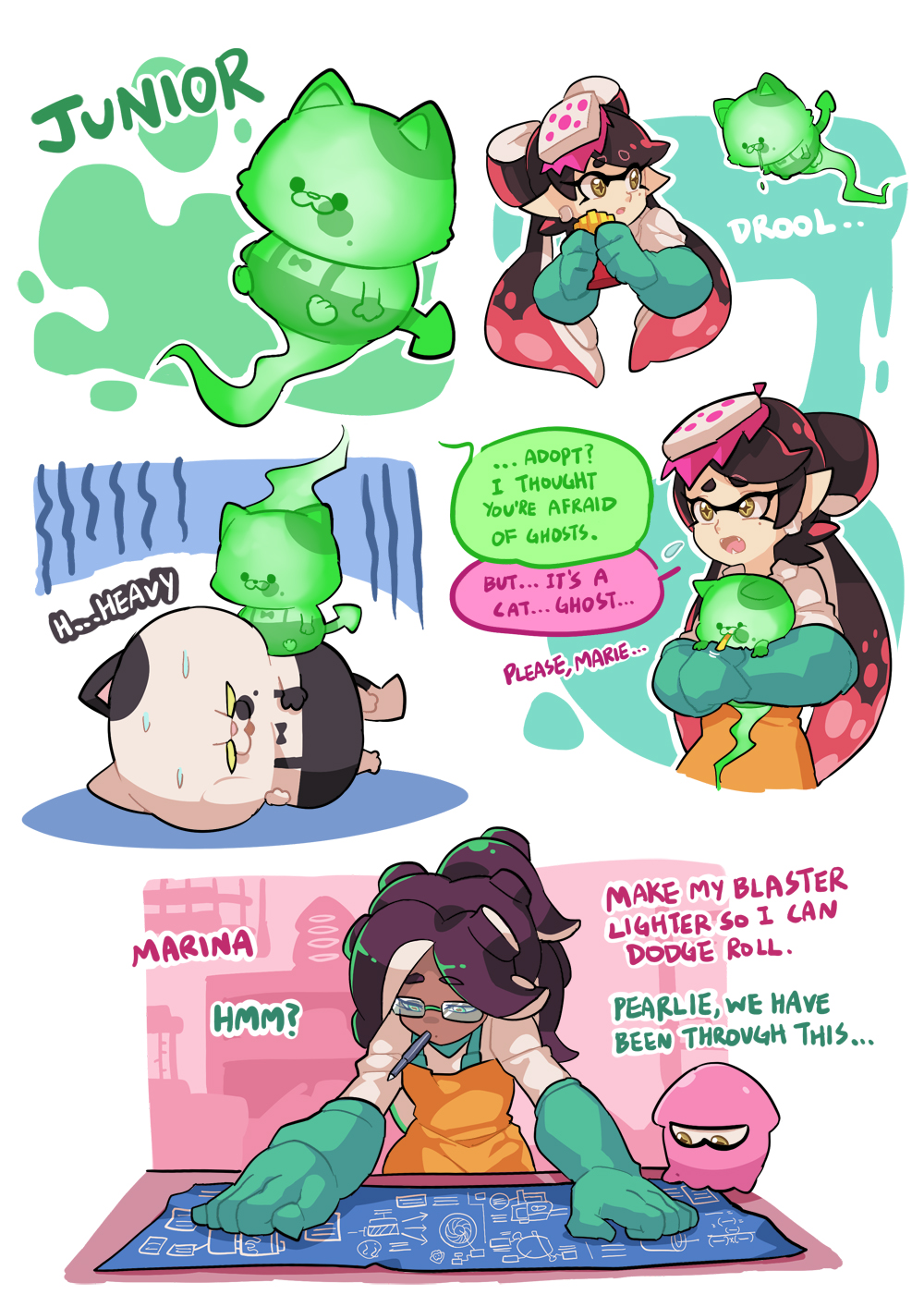 +_+ 2girls animal bespectacled black_hair black_skin blueprint brown_eyes domino_mask earrings english fangs flying_sweatdrops food food_on_head french_fries fume ghost glasses gloom_(expression) gloves green_gloves highres hime_(splatoon) holding holding_animal holding_food iida_(splatoon) jajji-kun_(splatoon) jewelry kojajji-kun_(splatoon) long_hair long_sleeves mask mole mole_under_eye mouth_hold multiple_girls object_on_head octarian open_mouth orange_overalls overalls pencil_skirt pointy_ears rectangular_eyewear rimless_eyewear rubber_gloves salmon_run shirt skirt splatoon squid standing sushi tentacle_hair white_shirt wong_ying_chee