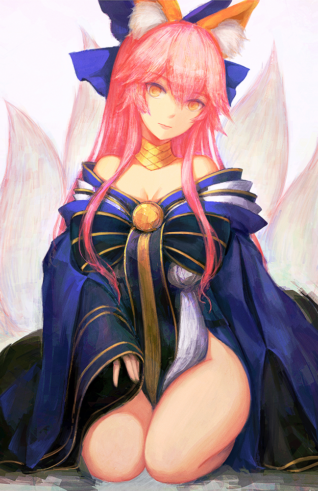1girl animal_ears bad_id bad_pixiv_id bare_shoulders breasts cleavage fate/extra fate_(series) fox_ears fox_tail japanese_clothes kimono labombardier! long_hair looking_at_viewer medium_breasts multiple_tails pink_hair seiza sitting sleeves_past_wrists solo tail tamamo_(fate)_(all) tamamo_no_mae_(fate) yellow_eyes