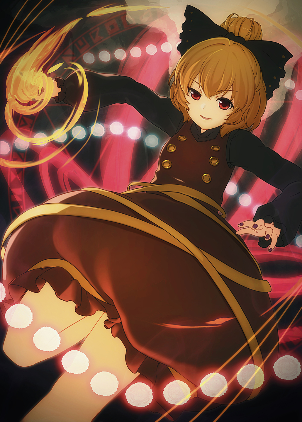 1girl black_bow black_shirt blonde_hair bow brown_dress burning_hand buttons commentary_request cowboy_shot danmaku dress eyebrows_visible_through_hair frilled_dress frills hair_bow hair_bun hair_ribbon highres kurodani_yamame long_sleeves magic_circle mikami_yuuki_(nl8you) nail_polish open_hand open_mouth puffy_dress puffy_long_sleeves puffy_sleeves purple_nails red_eyes ribbon shirt short_hair solo touhou undershirt uneven_eyes yellow_ribbon