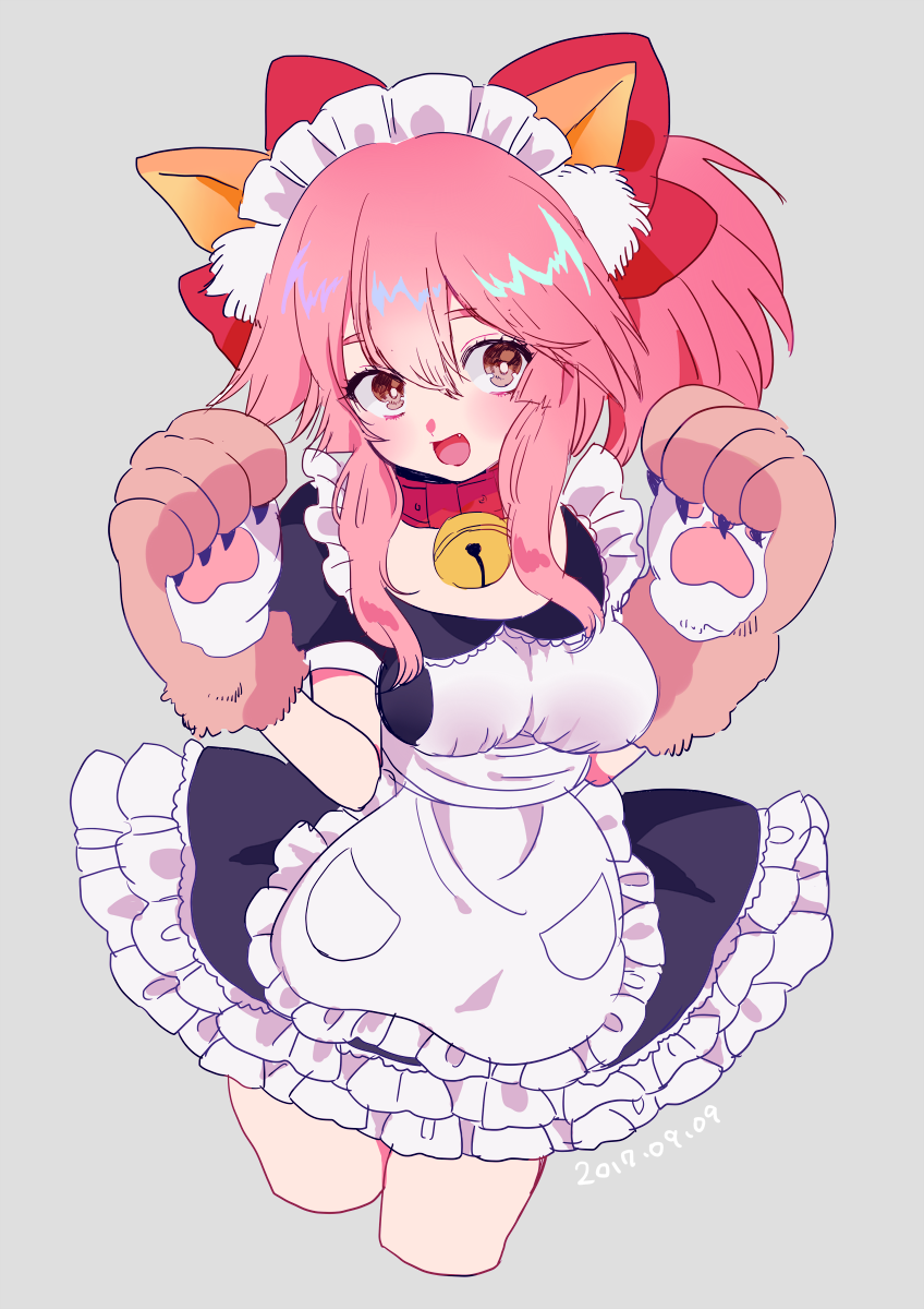 1girl alternate_costume animal_ears apron bad_id bad_pixiv_id bell bell_collar breasts collar enmaided fang fate/grand_order fate_(series) fox_ears hair_ribbon highres large_breasts long_hair looking_at_viewer maid maid_apron maid_headdress murasaki_pomeranian open_mouth paws pink_hair ribbon solo tamamo_(fate)_(all) tamamo_cat_(fate) waist_apron yellow_eyes