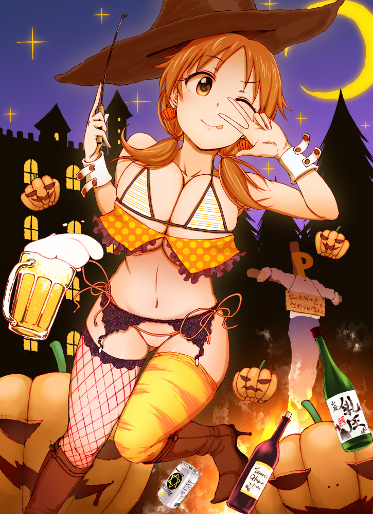 1boy 1girl 3e ;p alcohol barefoot beer beer_can beer_mug bikini boots bottle breasts brown_footwear brown_hat burning can castle cleavage closed_mouth commentary_request crescent_moon crucifixion eyebrows_visible_through_hair fire fishnet_legwear fishnets foreshortening frills garter_belt gluteal_fold hair_tie halloween hat idolmaster idolmaster_cinderella_girls katagiri_sanae knee_boots large_breasts leg_up long_hair looking_at_viewer low_twintails moon navel one_eye_closed orange_legwear orange_ribbon outdoors p-head_producer polka_dot pumpkin pumpking purple_sky ribbon side-tie_bikini sign sky smile sparkle standing standing_on_one_leg stomach striped_bikini_top swimsuit tareme thighhighs_under_boots tongue tongue_out tree twintails v witch_hat wrist_cuffs
